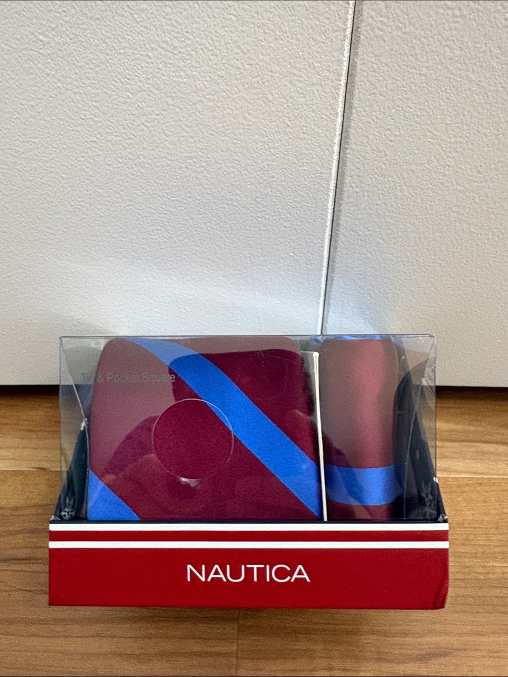 Nautica Men's Tie and Pocket Square Burgundy with Blue Diagonal Stripes